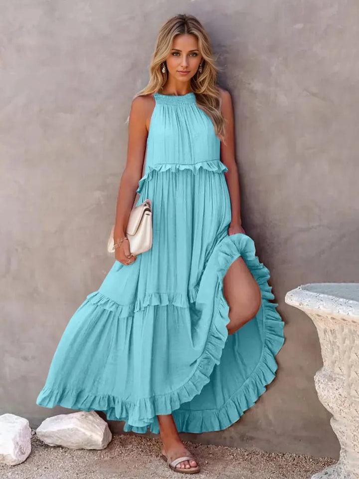 Ruffled Sleeveless Tiered Maxi Dress with Pockets - VeauBeauty