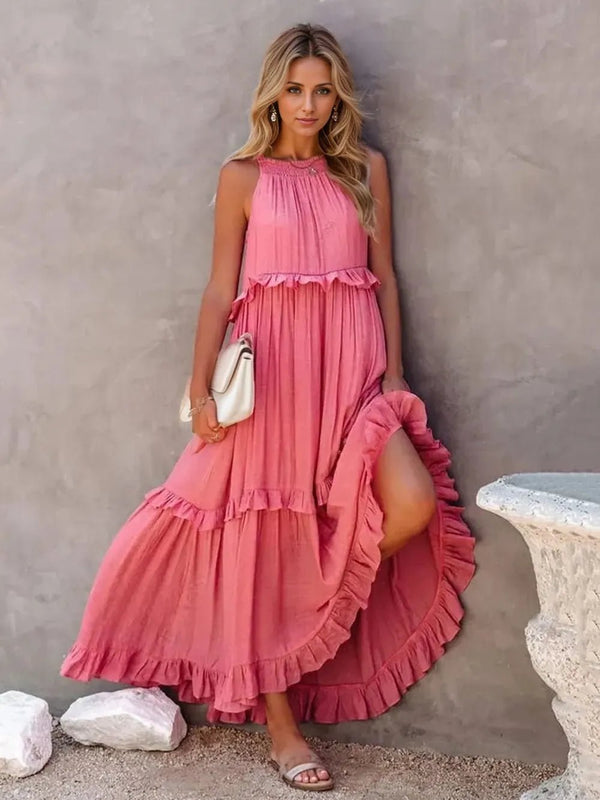 Ruffled Sleeveless Tiered Maxi Dress with Pockets - VeauBeauty