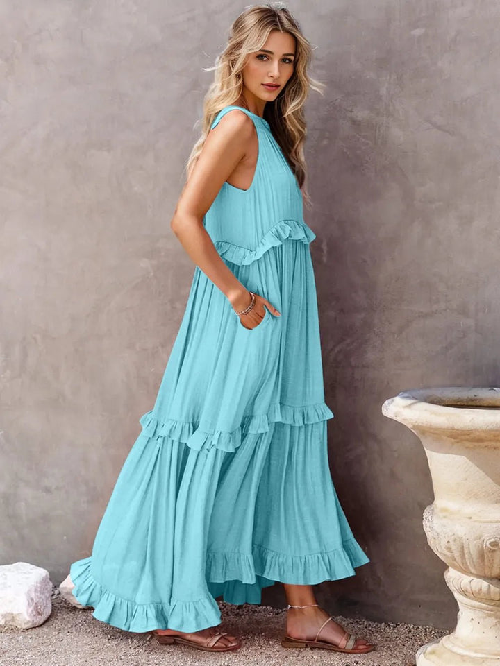 Ruffled Sleeveless Tiered Maxi Dress with Pockets - VeauBeauty