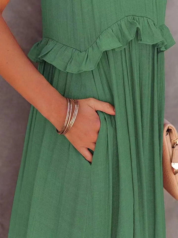 Ruffled Sleeveless Tiered Maxi Dress with Pockets - VeauBeauty