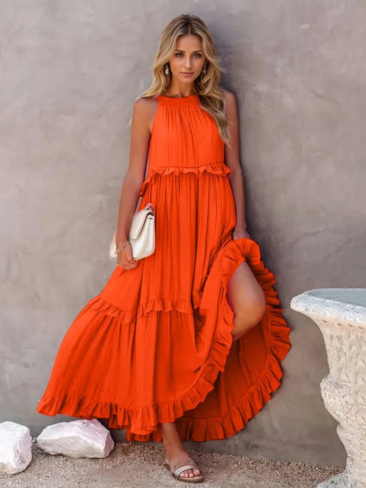 Ruffled Sleeveless Tiered Maxi Dress with Pockets - VeauBeauty