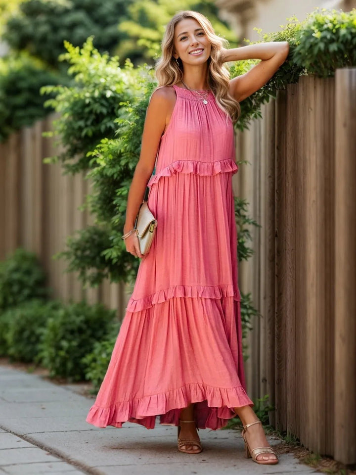 Ruffled Sleeveless Tiered Maxi Dress with Pockets - VeauBeauty