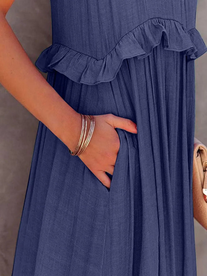 Ruffled Sleeveless Tiered Maxi Dress with Pockets - VeauBeauty