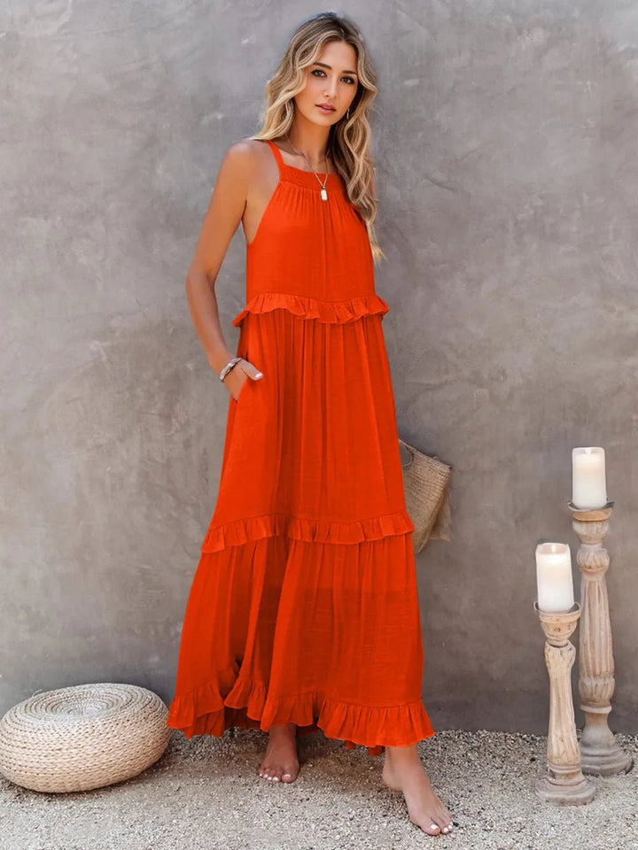 Ruffled Sleeveless Tiered Maxi Dress with Pockets - VeauBeauty