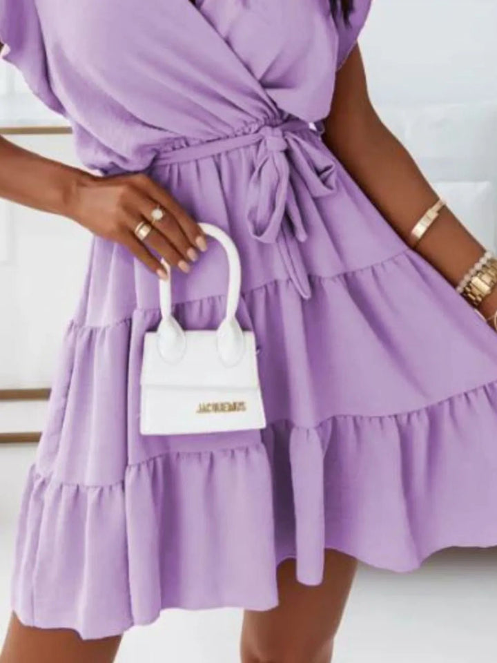 Ruffled Surplice Cap Sleeve Mini Dress - VeauBeauty
