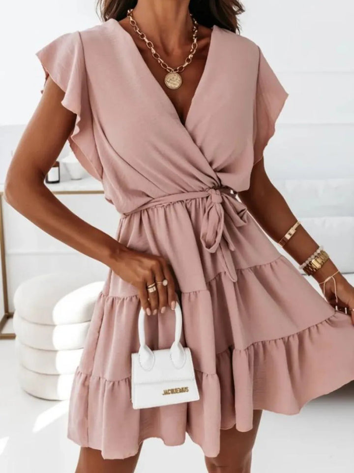 Ruffled Surplice Cap Sleeve Mini Dress - VeauBeauty