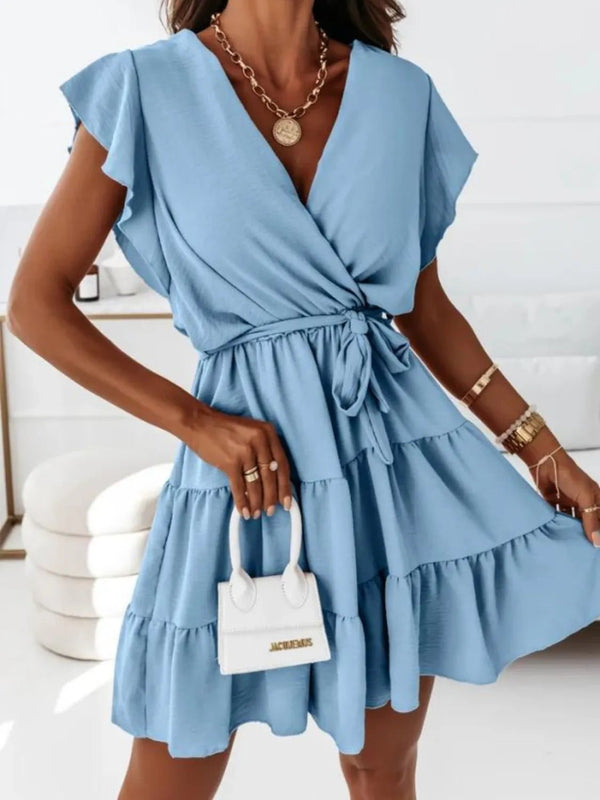 Ruffled Surplice Cap Sleeve Mini Dress - VeauBeauty