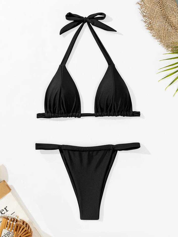 Sandsling Halter Thong Bikini – 2025 Low Waist Solid Drawstring Swim Set - VeauBeauty
