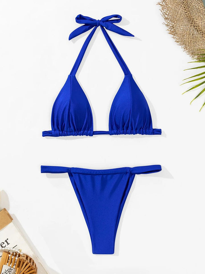 Sandsling Halter Thong Bikini – 2025 Low Waist Solid Drawstring Swim Set - VeauBeauty