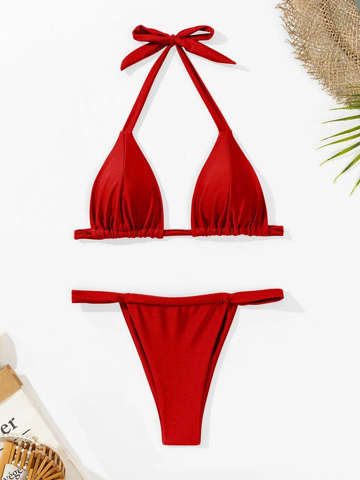 Sandsling Halter Thong Bikini – 2025 Low Waist Solid Drawstring Swim Set - VeauBeauty