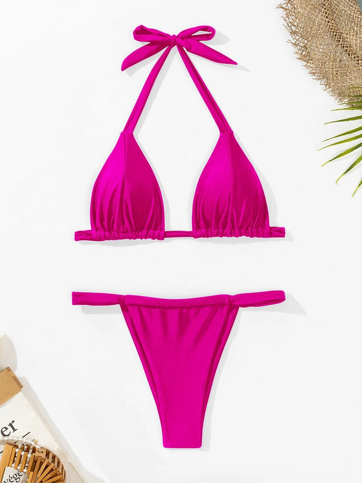Sandsling Halter Thong Bikini – 2025 Low Waist Solid Drawstring Swim Set - VeauBeauty