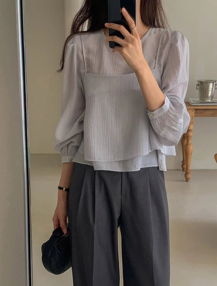 See - Through Shirt & Cami Set – Unique Long Sleeve Two - Piece Top - VeauBeauty