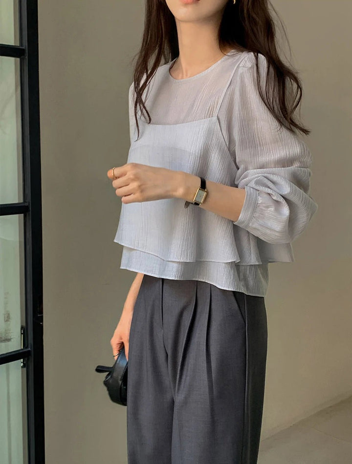 See - Through Shirt & Cami Set – Unique Long Sleeve Two - Piece Top - VeauBeauty