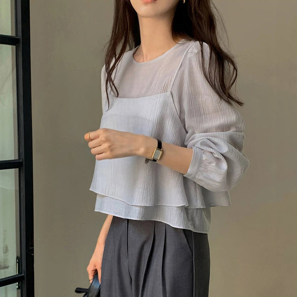 See - Through Shirt & Cami Set – Unique Long Sleeve Two - Piece Top - VeauBeauty