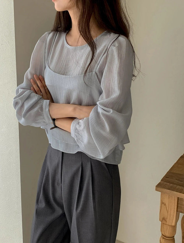 See - Through Shirt & Cami Set – Unique Long Sleeve Two - Piece Top - VeauBeauty