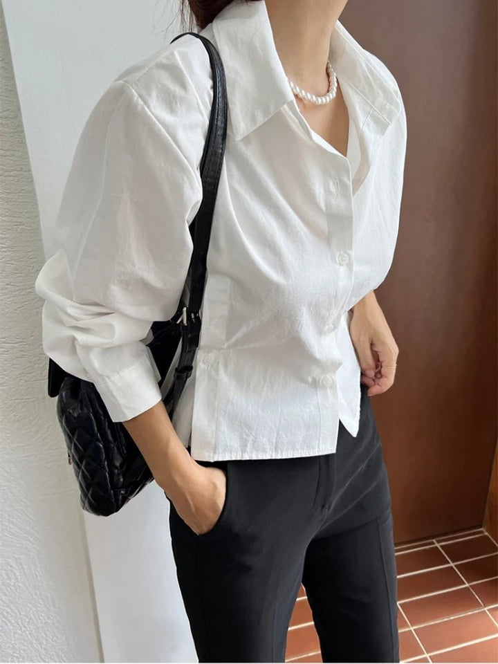 Short - Cut Modern Shirt – Single - Button Autumn Top for Young Women - VeauBeauty