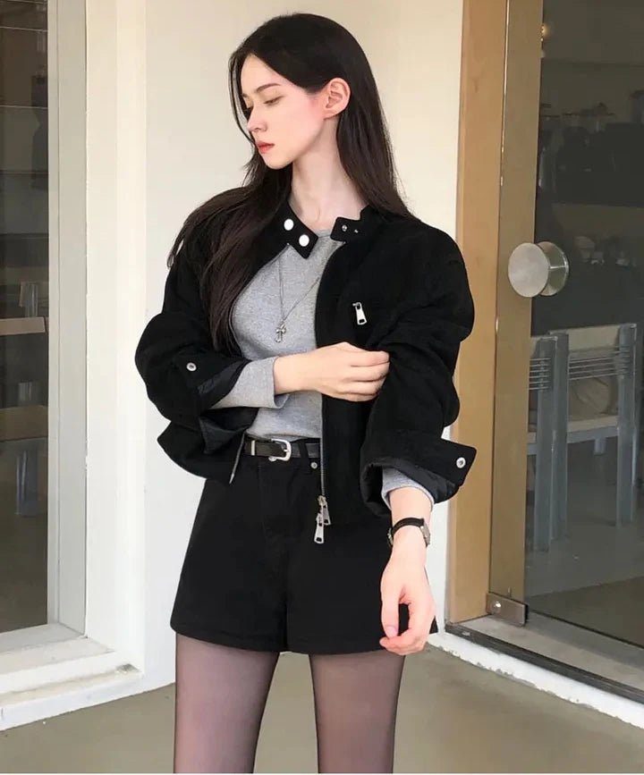 Short Motorcycle Jacket for Women – French Retro Zipper Outerwear - VeauBeauty