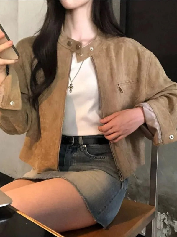 Short Motorcycle Jacket for Women – French Retro Zipper Outerwear - VeauBeauty