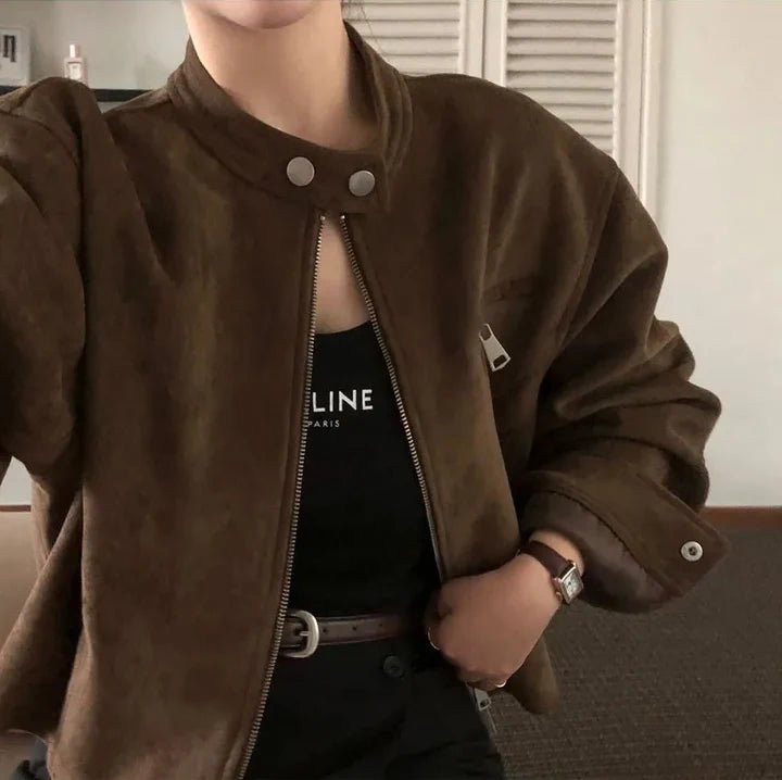 Short Motorcycle Jacket for Women – French Retro Zipper Outerwear - VeauBeauty