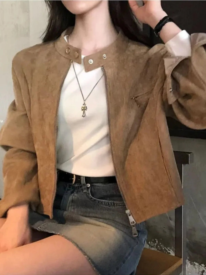 Short Motorcycle Jacket for Women – French Retro Zipper Outerwear - VeauBeauty