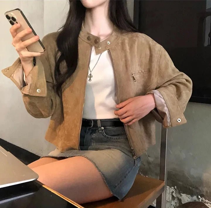 Short Motorcycle Jacket for Women – French Retro Zipper Outerwear - VeauBeauty