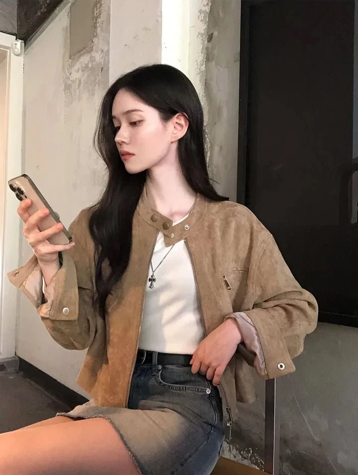 Short Motorcycle Jacket for Women – French Retro Zipper Outerwear - VeauBeauty