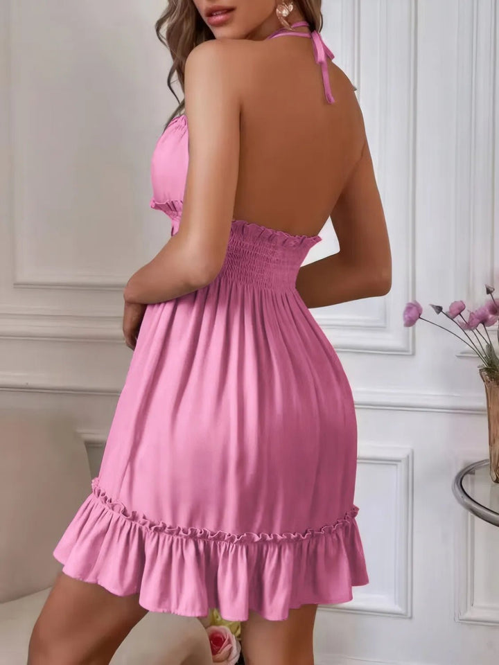Smocked Halter Neck Mini Dress - VeauBeauty