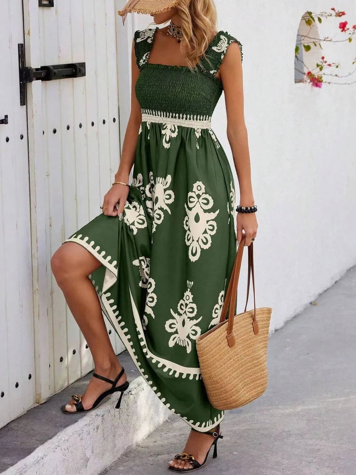 Smocked Printed Wide Strap Maxi Dress - VeauBeauty