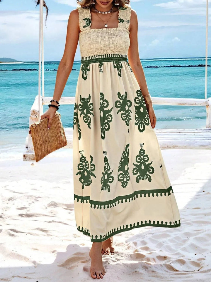 Smocked Printed Wide Strap Maxi Dress - VeauBeauty