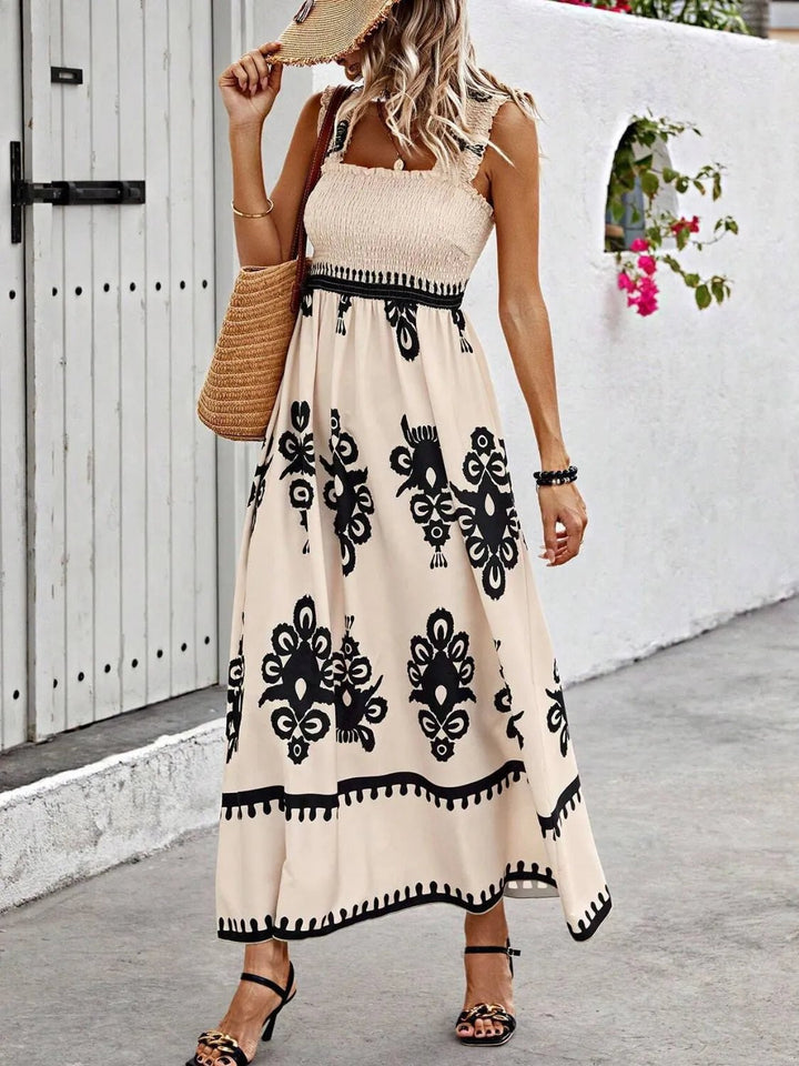 Smocked Printed Wide Strap Maxi Dress - VeauBeauty