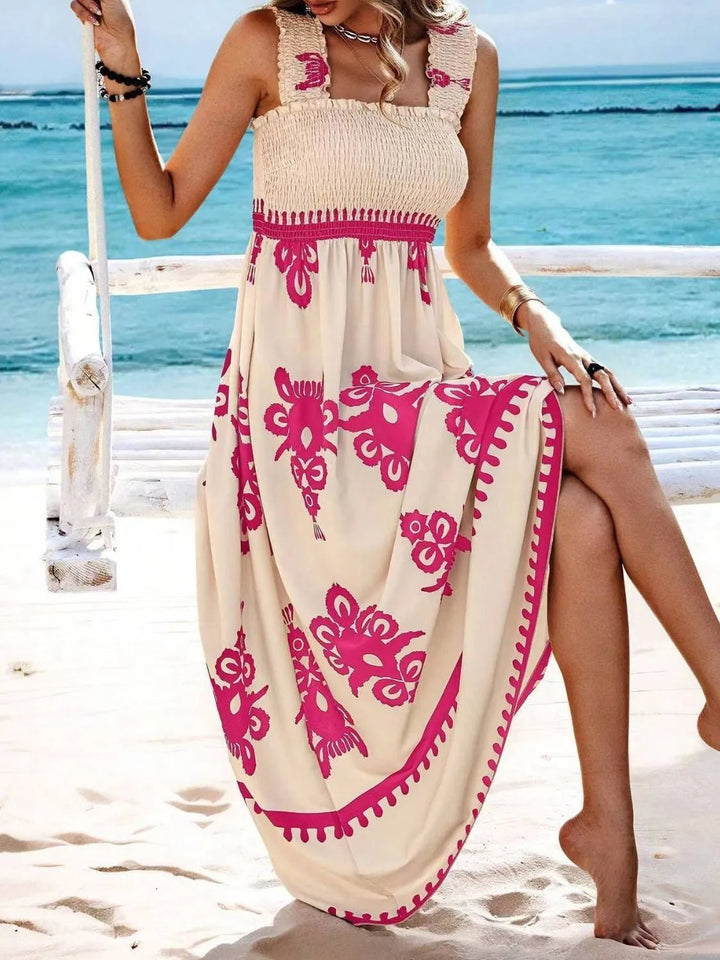 Smocked Printed Wide Strap Maxi Dress - VeauBeauty