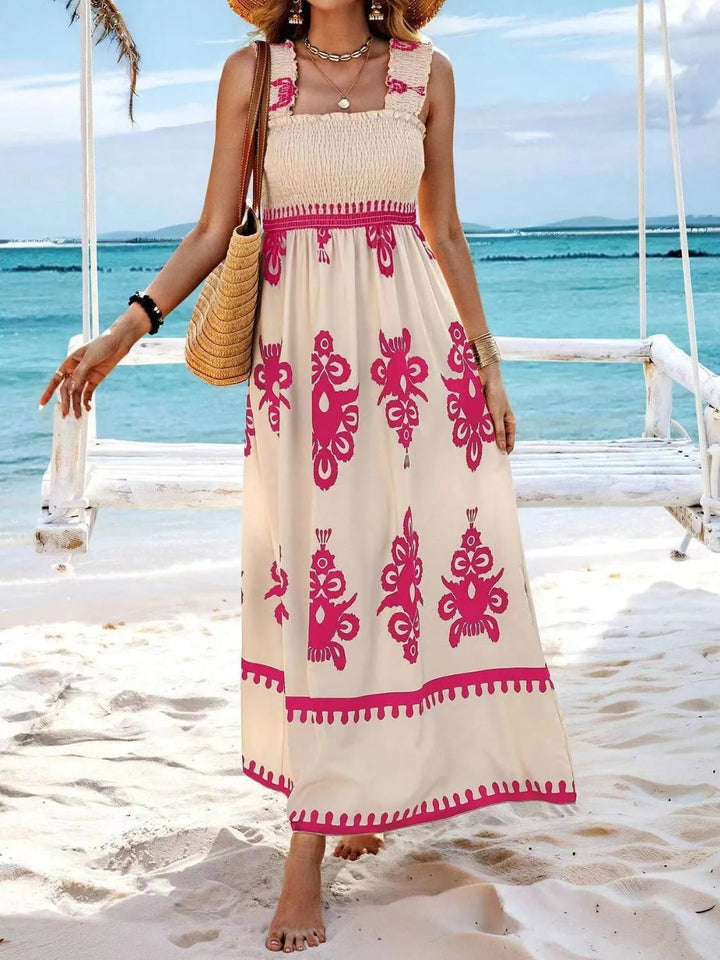 Smocked Printed Wide Strap Maxi Dress - VeauBeauty