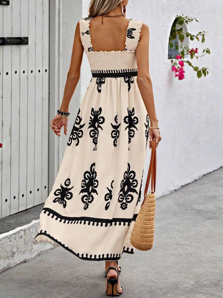Smocked Printed Wide Strap Maxi Dress - VeauBeauty