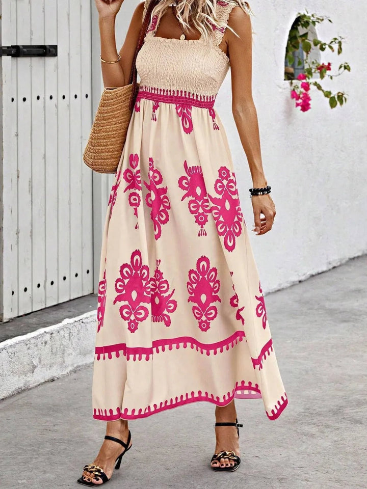 Smocked Printed Wide Strap Maxi Dress - VeauBeauty