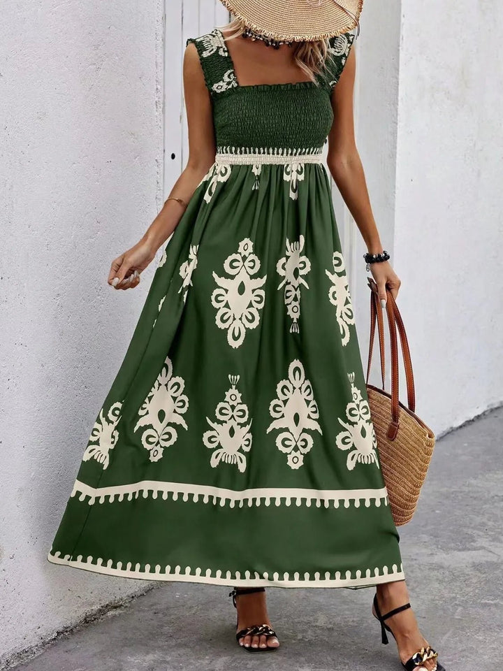 Smocked Printed Wide Strap Maxi Dress - VeauBeauty
