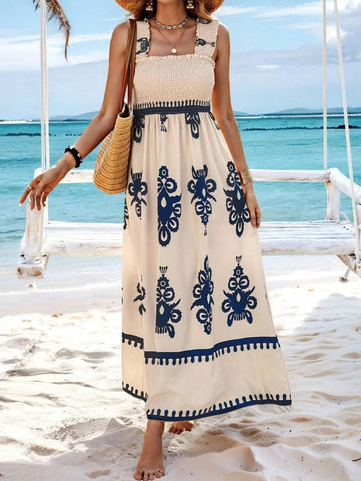 Smocked Printed Wide Strap Maxi Dress - VeauBeauty