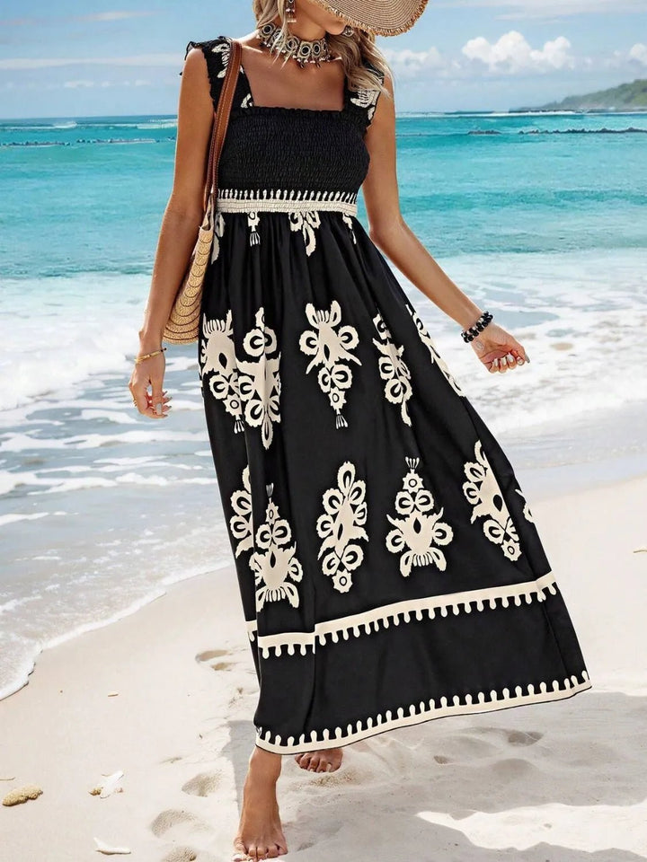 Smocked Printed Wide Strap Maxi Dress - VeauBeauty