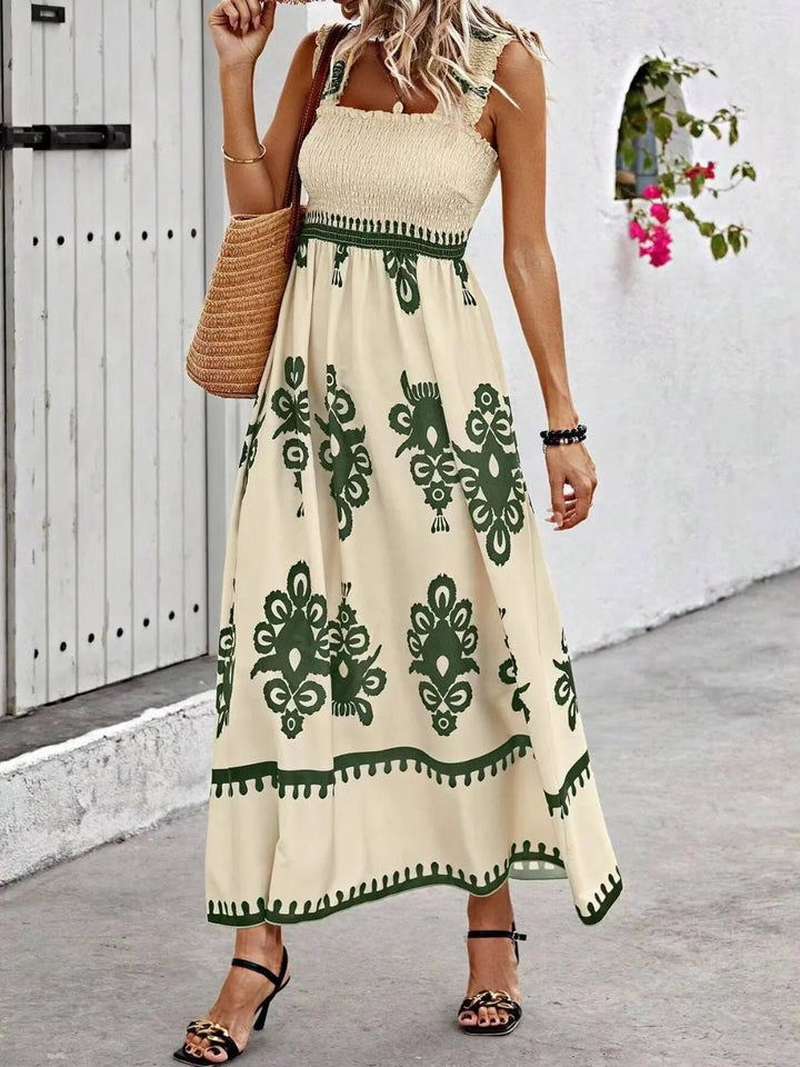 Smocked Printed Wide Strap Maxi Dress - VeauBeauty