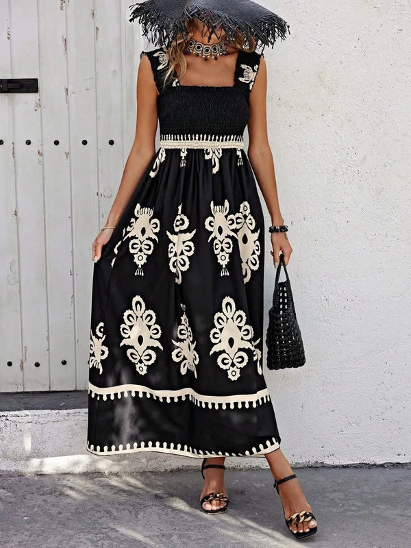 Smocked Printed Wide Strap Maxi Dress - VeauBeauty