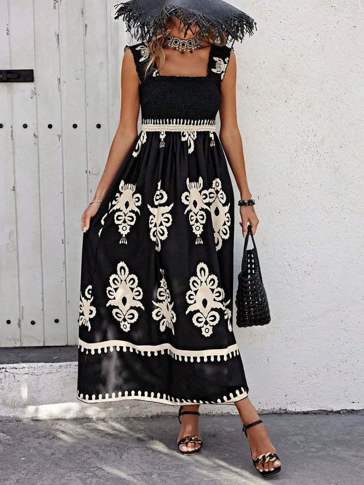 Smocked Printed Wide Strap Maxi Dress - VeauBeauty