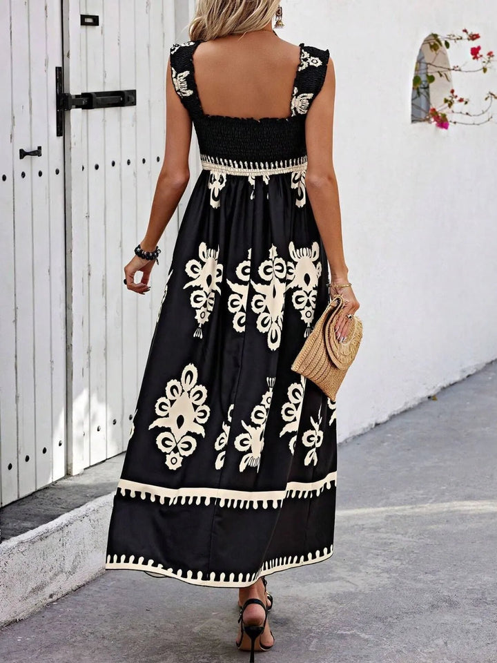 Smocked Printed Wide Strap Maxi Dress - VeauBeauty