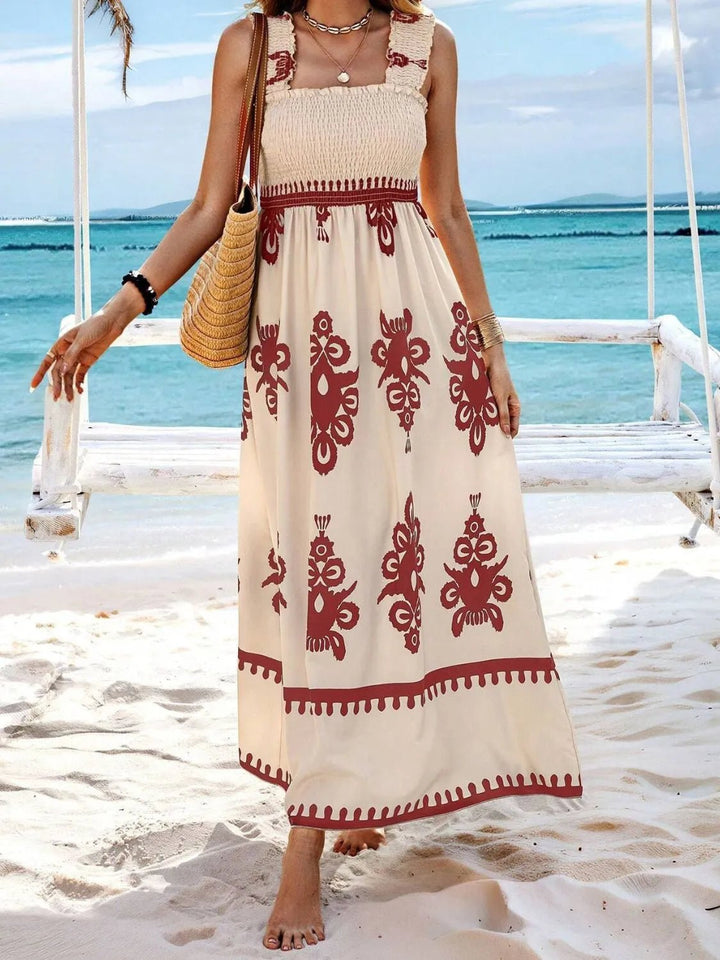 Smocked Printed Wide Strap Maxi Dress - VeauBeauty