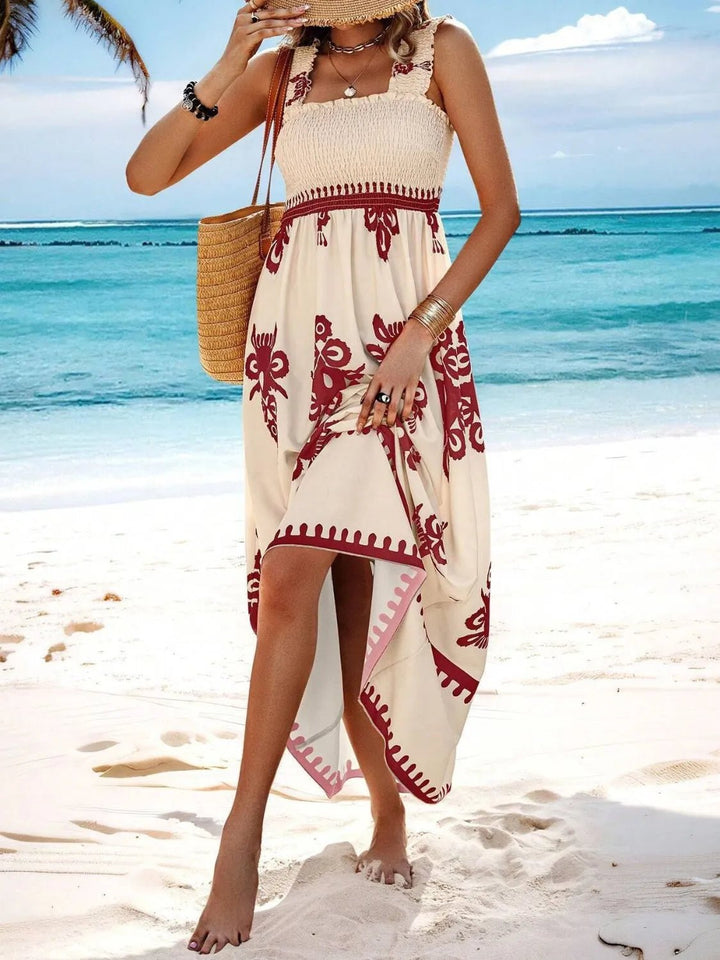 Smocked Printed Wide Strap Maxi Dress - VeauBeauty