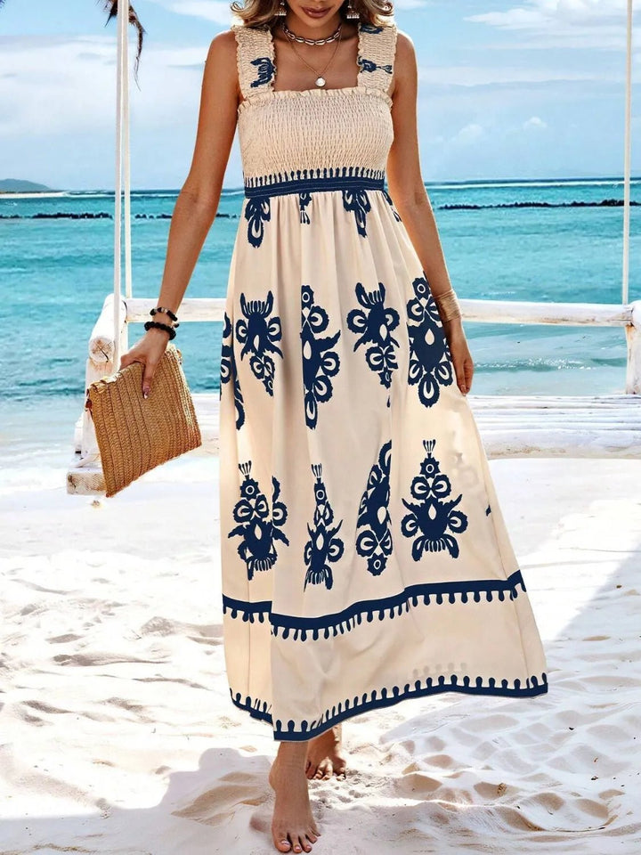 Smocked Printed Wide Strap Maxi Dress - VeauBeauty