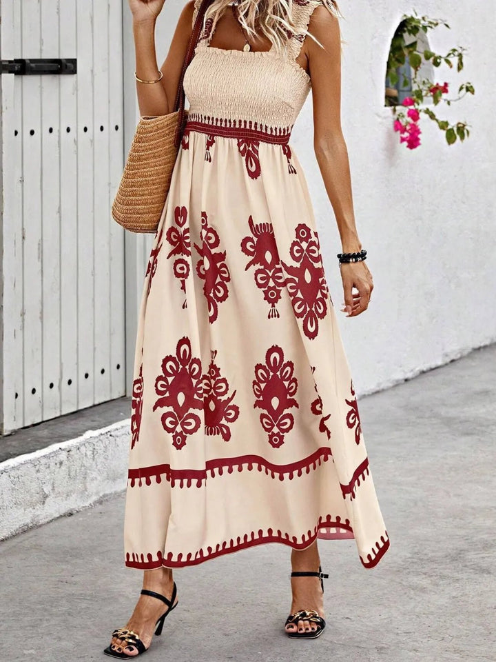 Smocked Printed Wide Strap Maxi Dress - VeauBeauty