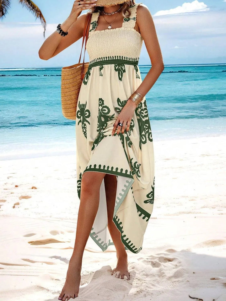 Smocked Printed Wide Strap Maxi Dress - VeauBeauty