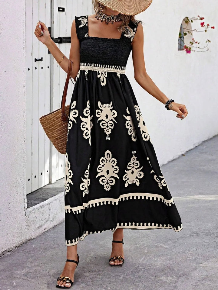 Smocked Printed Wide Strap Maxi Dress - VeauBeauty