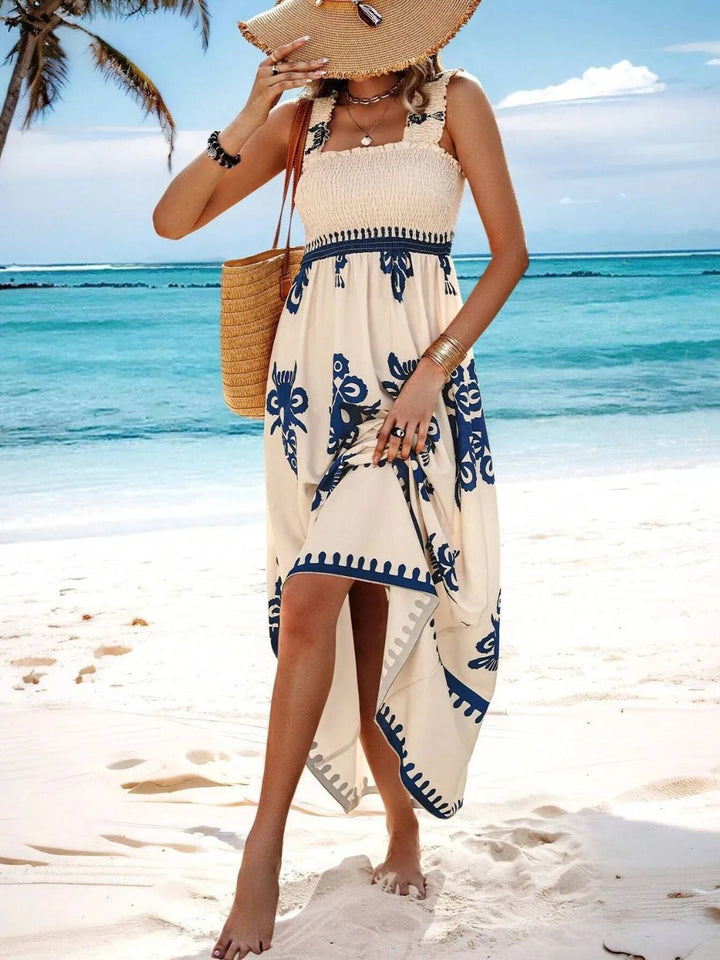 Smocked Printed Wide Strap Maxi Dress - VeauBeauty
