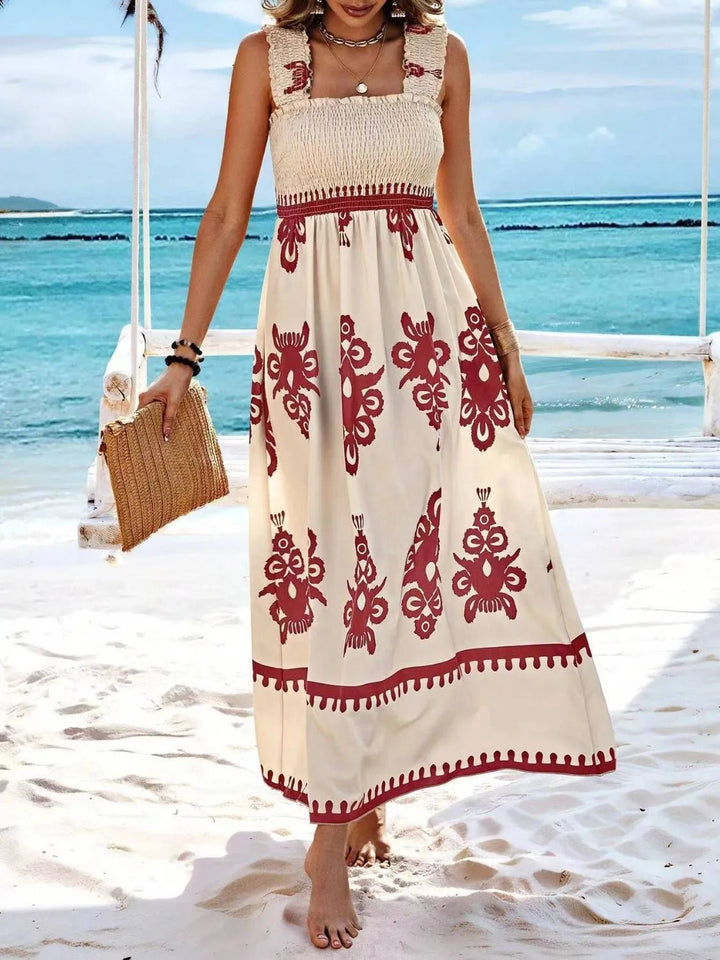Smocked Printed Wide Strap Maxi Dress - VeauBeauty