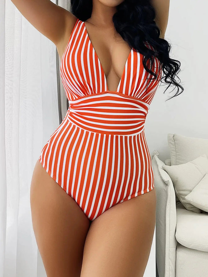 Striped One - Piece Swimsuit – Sleek Stretch Swimwear for Women 2025 - VeauBeauty